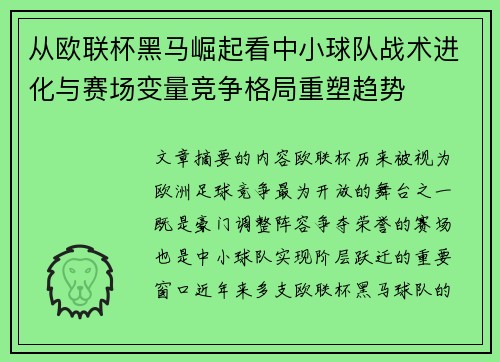 从欧联杯黑马崛起看中小球队战术进化与赛场变量竞争格局重塑趋势