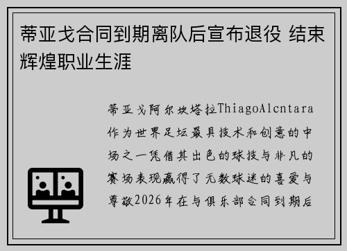 蒂亚戈合同到期离队后宣布退役 结束辉煌职业生涯